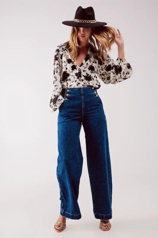 Button Front Jean i Mid Blue
